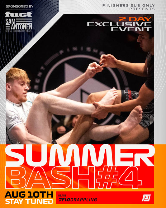 Official event flier for Finishers Summer Bash 4 featuring title fights and full grappling card on August 10, 2025 in Bethlehem, PA.